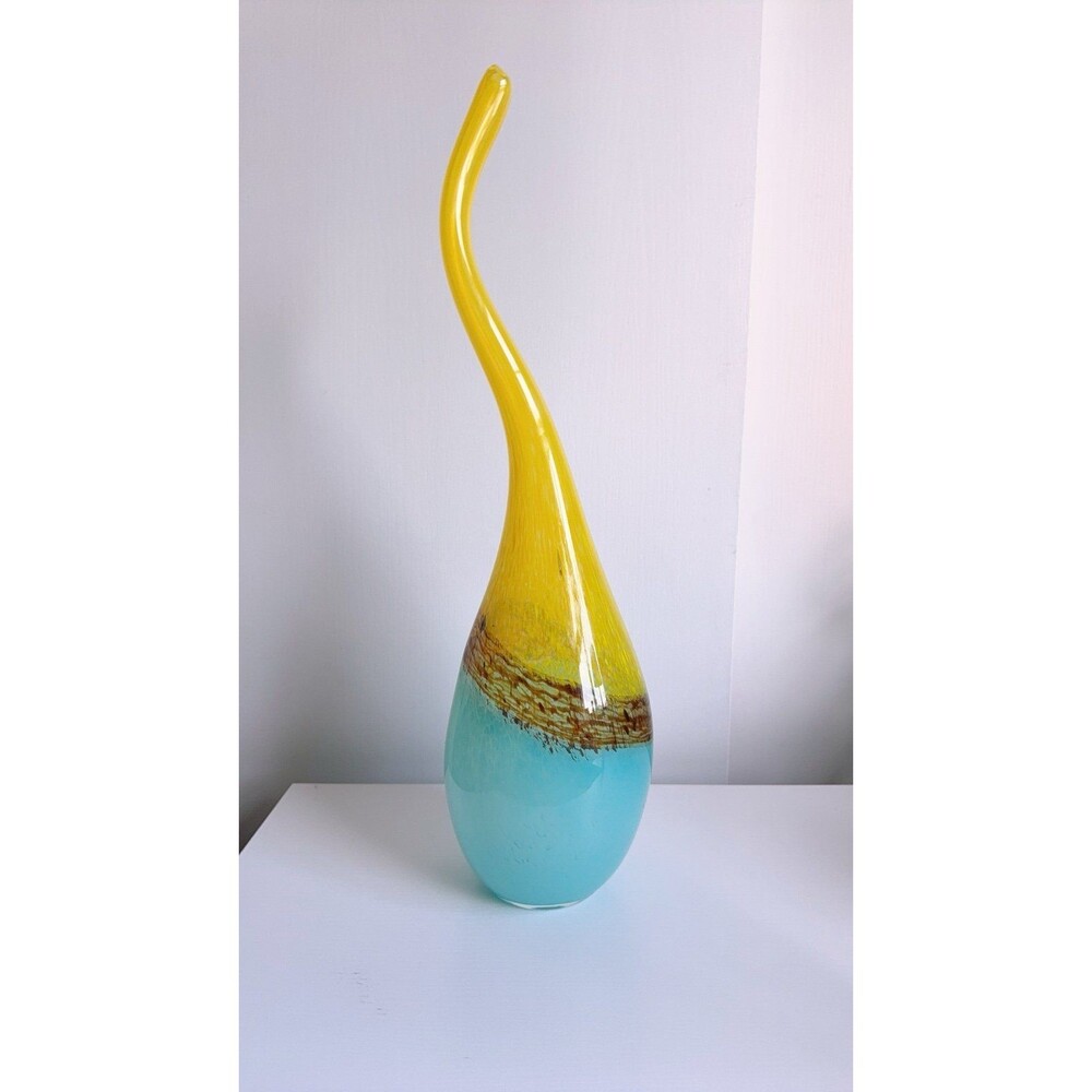 23" global views-Hand Blown Vase Long Goose Snake Neck Yellow Blue Brown